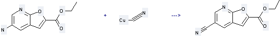 Furo[2, 3-b]pyridine-2-carboxylic acid, 5-amino-, ethyl ester can react with Hydrogen cyanide; copper(1+) salt to get 5-Cyano-furo[2, 3-b]pyridine-2-carboxylic acid ethyl ester.